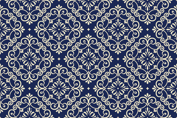 Wallpaper in the style of Baroque. Golden and dark blue floral ornament. Seamless vector background. Graphic pattern for fabric, wallpaper, packaging. Ornate Damask flower illustration