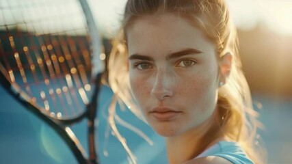 A dedicated young athlete stands on a tennis court at sunset, holding her racket with focus and intensity. The beautiful lighting highlights her passion for the sport and commitment to practice - Powered by Adobe