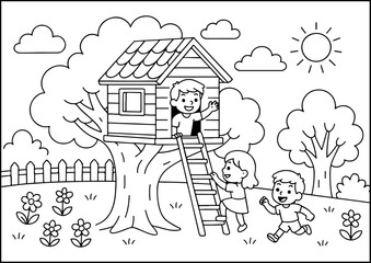 Anthropomorphic Animals, coloring page, A magical treehouse high up in a tree, filled with fun and imagination for young