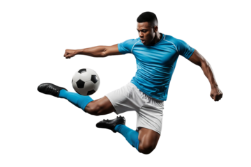 Soccer Player in Action, Dynamic Kick with Ball on Black
