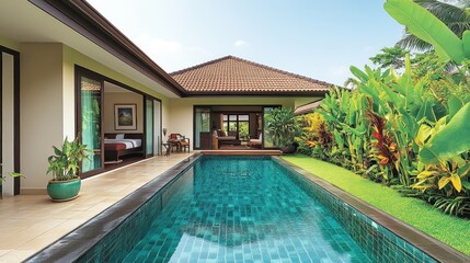 Fototapeta premium Luxurious villa with private pool, lush tropical garden, and spacious patio.