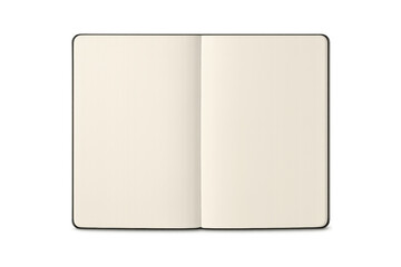Open notebook mockup showing blank pages on transparent background, perfect for showcasing your design or text