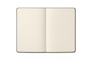 Open notebook mockup showing blank pages on transparent background, perfect for showcasing your design or text