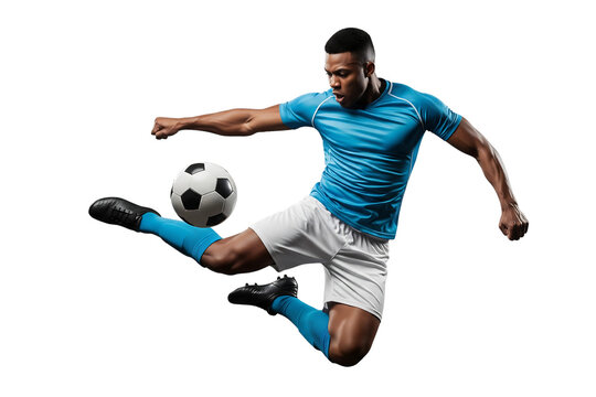 Soccer Player in Action, Dynamic Kick with Ball on Black