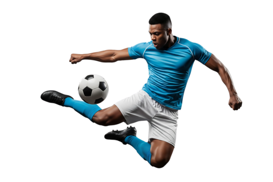 Soccer Player in Action, Dynamic Kick with Ball on Black