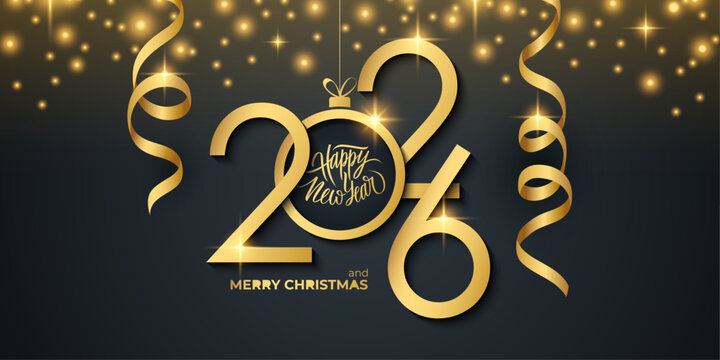 2026 New Year festive banner with handwritten holiday greetings Happy New Year and golden Christmas ball. Glittering sparks. Black and gold colors. Vector illustration.