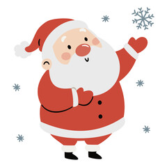 Cute Santa Claus standing under the snow and holding a snowflake. Flat vector illustration on white background in simple child style. Vector illustration