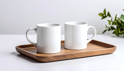 Two White Ceramic Mugs on Tray Against Clean White Background Minimalist Kitchenware and Modern Tableware Presentation