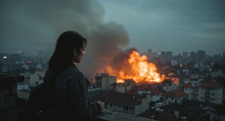 young chinese woman looking at distant fire from rooftop balcony stunned