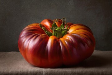 Large heirloom tomato in deep red and orange tones