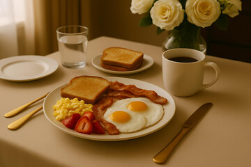 Freshly baked croissant and coffee await on the table for a delicious morning breakfast