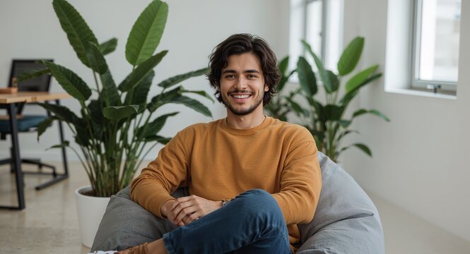 young hispanic guy at bright start up office sitting on beanbag smiling
