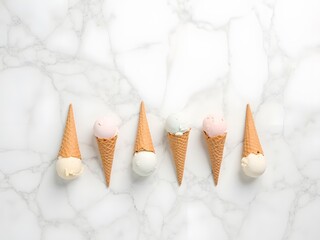 Minimalist Ice Cream Cones Flatlay: Flatlay image of minimalist-style ice cream cones placed on a white marble background, clean and modern aesthetic.