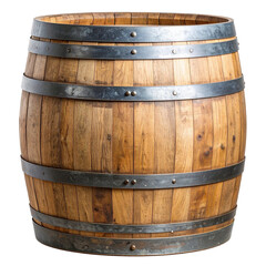 Oak Barrel: An empty wooden barrel with sturdy metal bands stands as a testament to traditional craftsmanship. Displaying the rich textures and rustic charm.