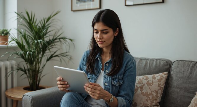 young indian woman in cozy home office checking tablet calm