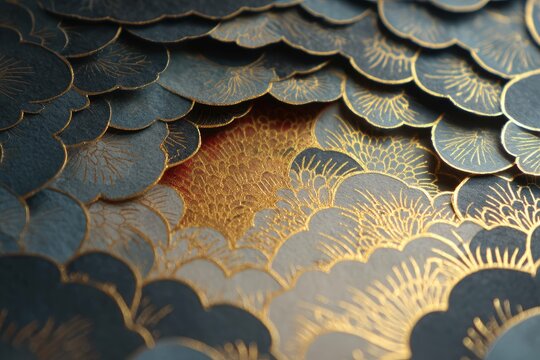 Layered cut-paper look with gold trim and shadow
