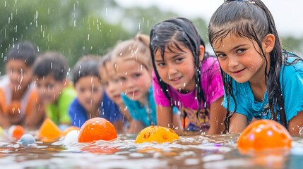 Action shot of children interacting water watching objects float or sink focusing their faces reactions Capture science activity with soft or diffused natural light to avoid reflections on the water