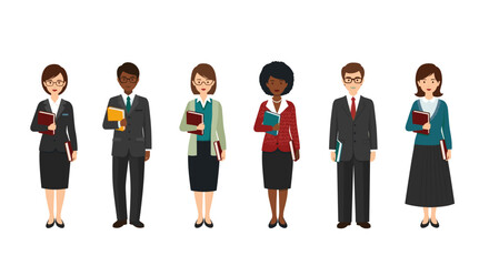 Obraz premium Illustration of six diverse professionals standing in formal attire holding books and looking forward
