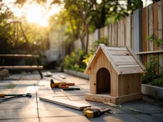 Obraz premium A garden scene with an ongoing DIY project, Dog House Repair Month.
