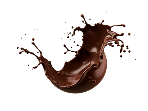 Splash of dark chocolate liquid, isolated on a white background that’s transparent, including a clipping path.


