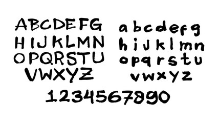 Bold capital letters A–Z and numbers hand-painted with black acrylic and rough brush strokes. Vector alphabet with artistic, grunge, and expressive design.