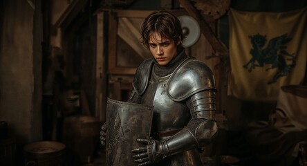 young white squire in armor room polishing knight&rsquo;s gear nervous