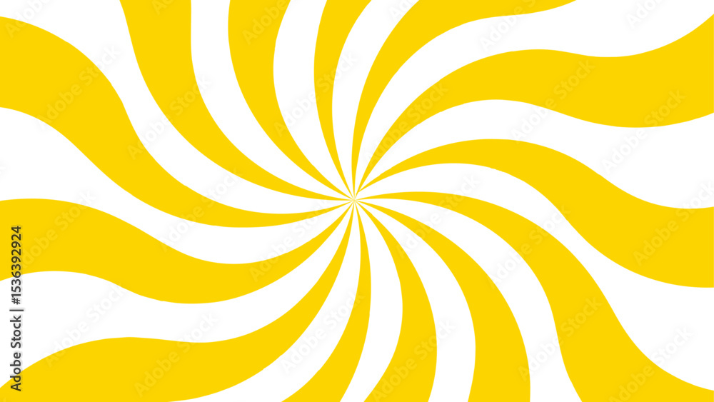 Poster Abstract bold and clean background with a yellow and white spiral twist pattern. Curved, wavy rays forming vortex-like motion. Bright yellow and white stripes  high-contrast, hypnotic visual effect. 
