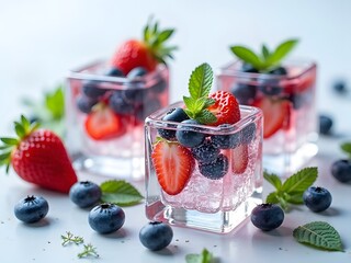 Flatlay of Ice Cubes with Berries and Mint: Flatlay of transparent ice cubes with embedded blueberries, strawberries, and mint leaves on a light background, fresh and clean look.