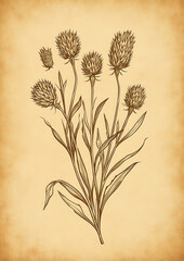 thistle botanical illustration, sepia and dark green tones, old paper background