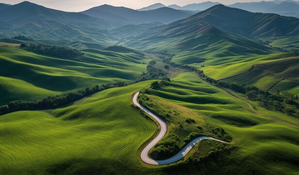 Aerial view of lush green rolling hills and winding road through natural landscape under blue sky with morning sunlight, showcasing springtime beauty of grassy fields and distant mountains