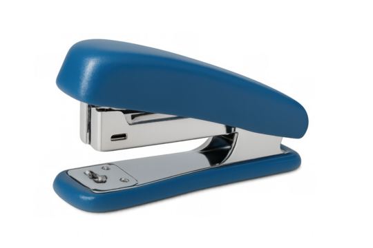 Blue stapler resting against transparent background, providing streamlined document binding and workspace organization