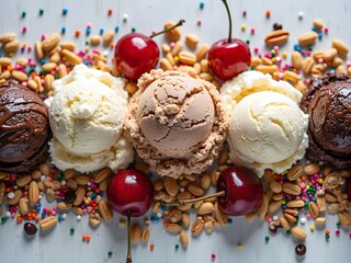 Flatlay of Ice Cream Sundae Ingredients: Flatlay composition of sundae toppings including scoops of ice cream, chocolate sauce, nuts, sprinkles, and cherries arranged on a table.