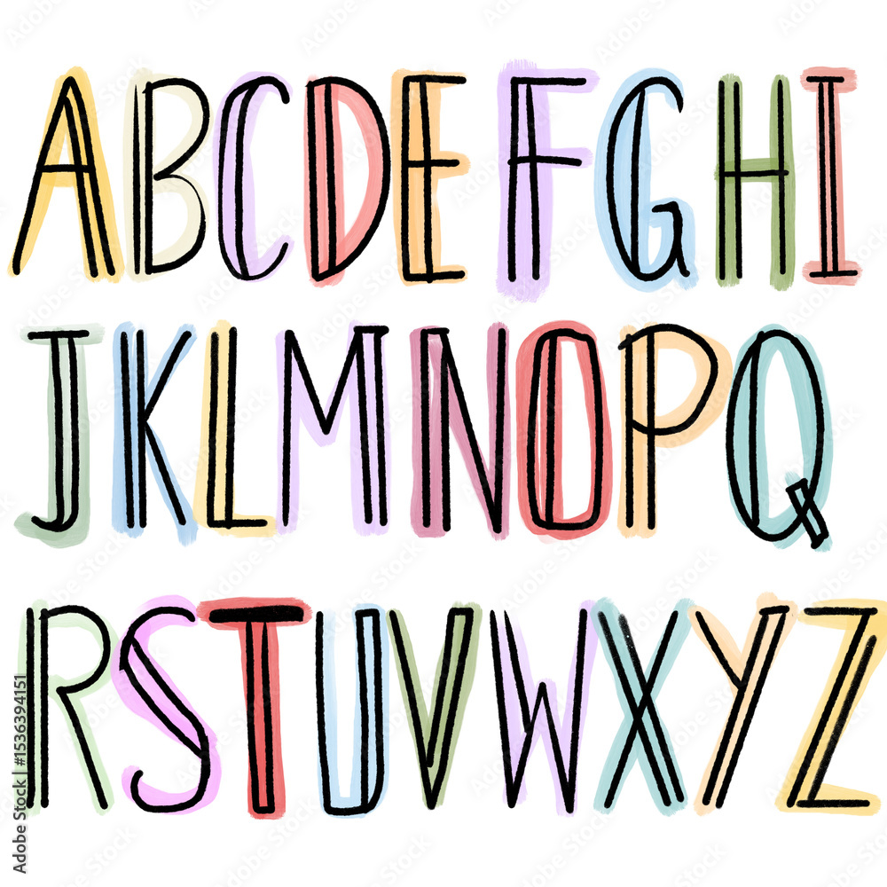 Fototapete style alphabet letters sketch font colorful with back line