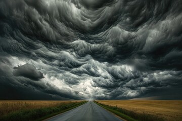Storm clouds loom over a solitary road through a golden field