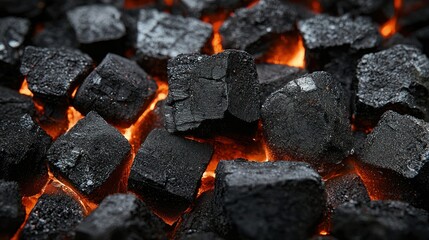 Close-up view of burning coal cubes.  Hot embers glow