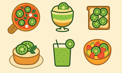 Vector illustration of different kiwi-based foods and drinks. Includes kiwi pizza, smoothie, toast, dessert, salad, and juice. 