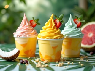 Tropical Ice Cream Cups Flatlay: Flatlay of tropical-themed ice cream cups with pineapple, mango, and coconut flavors on a leaf-patterned tablecloth, bright natural light.