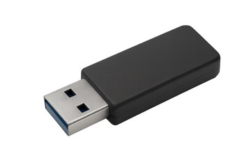 Black usb flash drive featuring smooth metallic design, close-up view revealing modern connector against transparent backdrop
