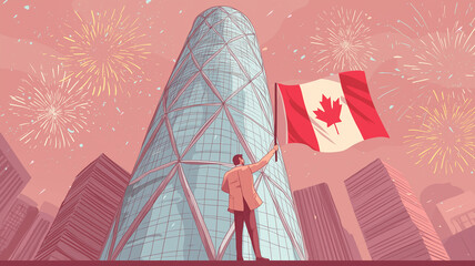 Canada Day celebration with flag and modern city backdrop