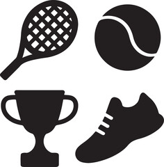 tennis, sports, silhouette, vector illustration, black and white, racket, tennis racket, tennis ball, trophy, sports shoe, athletic gear