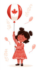 Cute canadian girl holding balloon with canada flag motifs