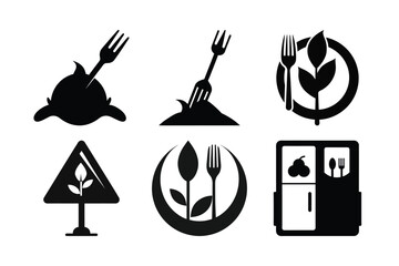 Black and White Logo Set Featuring Fork and Plant Motifs Representing Vegetarian Cuisine