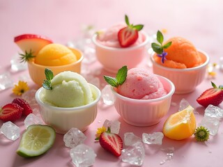 Flatlay of Sorbet in Mini Bowls: Flatlay image showing various colorful sorbet flavors served in mini bowls with fresh fruit garnishes and ice shards on a neutral background.