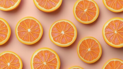 Orange slices are arranged on a soft pink background, flat lay style. Ideal for healthy food blogs or vibrant summer design projects.