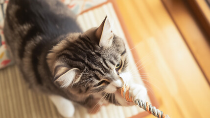 Kitten playing with toys.