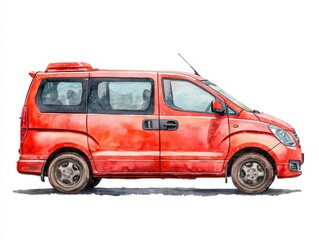 Red Minivan Watercolor Painting on White Background