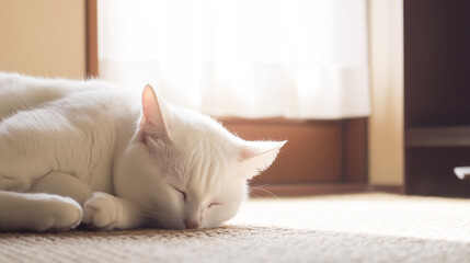 White cat taking a nap indoors.