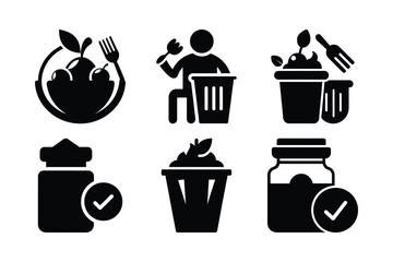 Collection of Food Related Icons Depicting Different Food Items and Disposal Methods