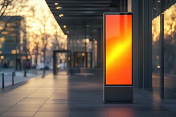 Fototapeta premium Modern digital display stands on a city street at golden hour. Use this for advertising and announcements to people on the street.