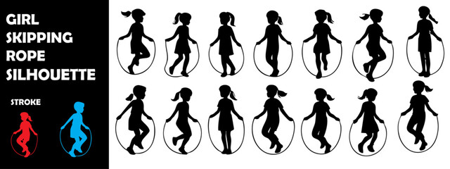 Girls Skipping Rope Silhouette Vector Set – Active Children Playing Outdoors in Joyful Motion